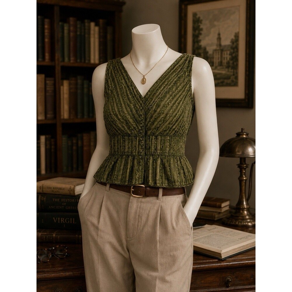 Tapemeasure Women 8 Green Striped Sleeveless Peplum Button Front V-Neck Linen